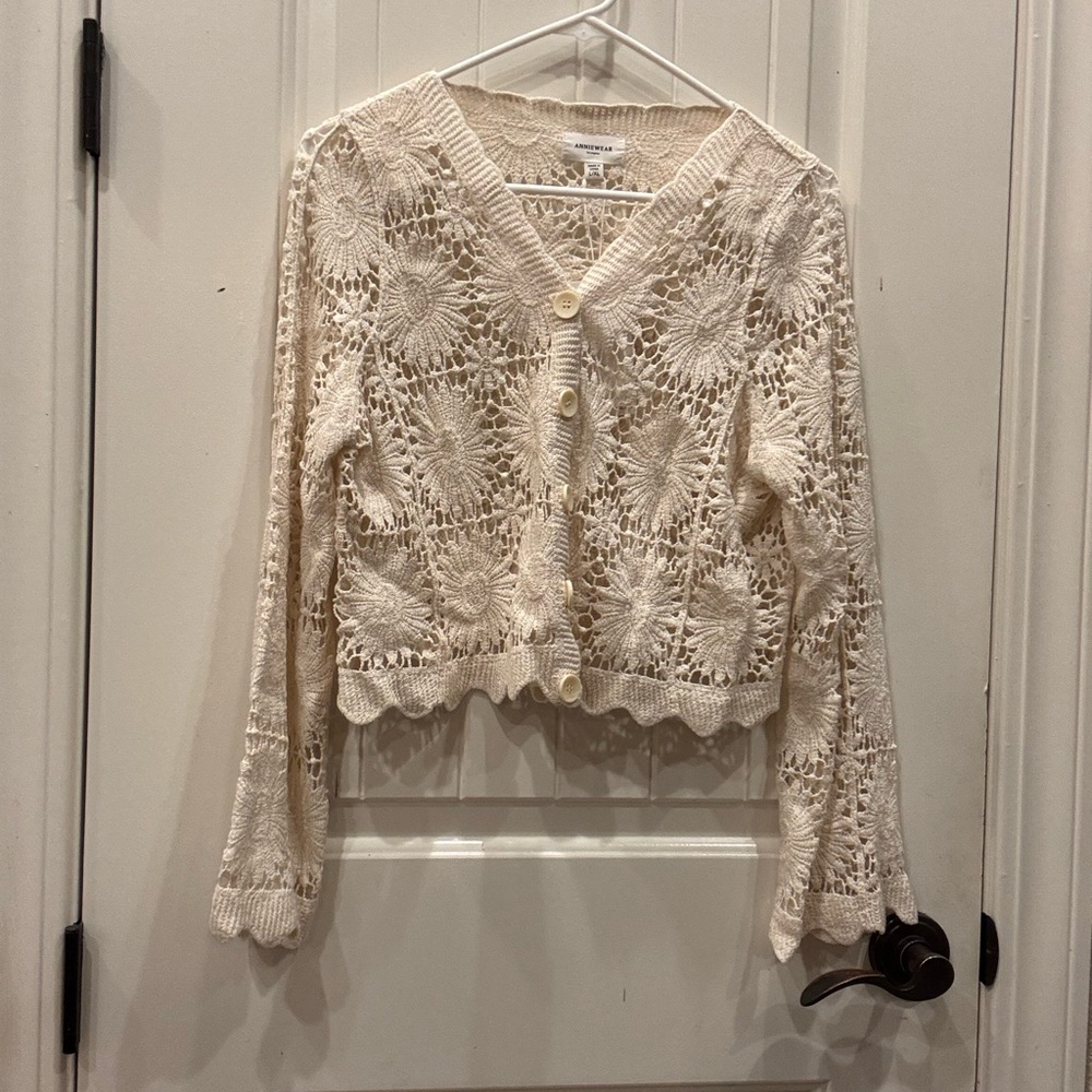 Chic Cream Crochet Button-Up Blouse